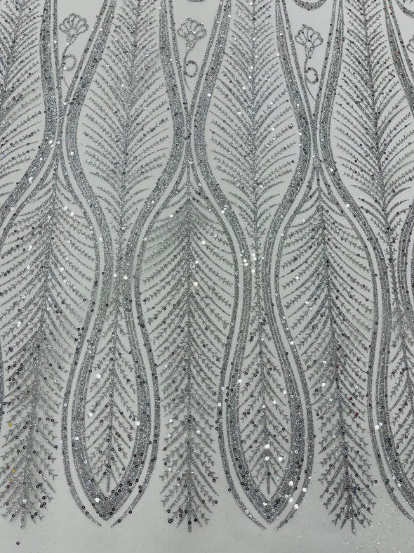 Silver Glitter Feather Damask Design On A Mesh Lace Fabric/Prom.