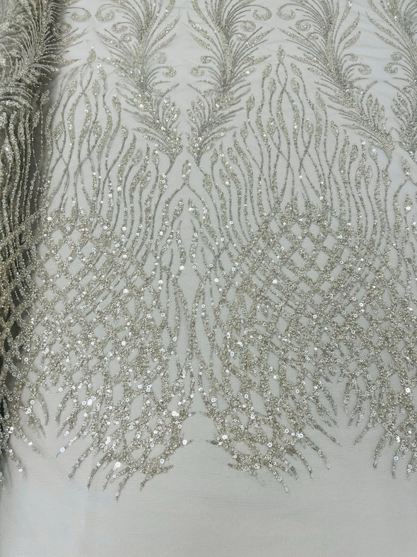 Silver Feathers damask embroider and heavy beaded on a mesh lace fabric- Sold by the yard