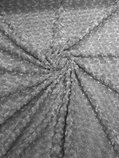 Silver 58" Wide Minky Swirl Rose Blossom Ball Rosebud Plush Fur Fabric Polyester-Sold by Yard.
