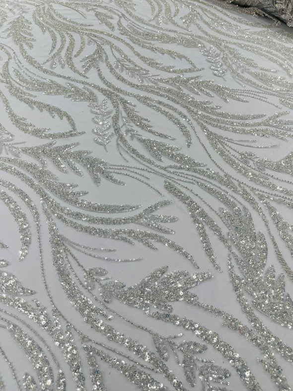 Silver Luxury Festival Beaded Vine Lace Fabric, Sold by The Yard.