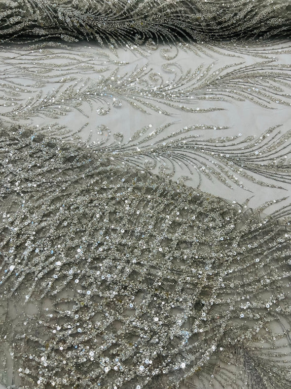 Silver Feathers damask embroider and heavy beaded on a mesh lace fabric- Sold by the yard
