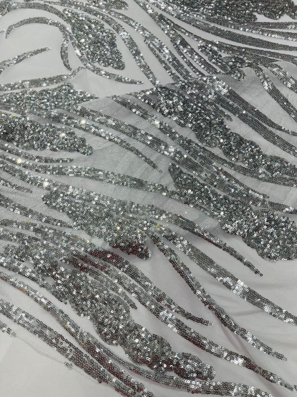 Silver Feather damask shiny sequin design on a 4 way stretch mesh Fabric-prom-Sold by the yard