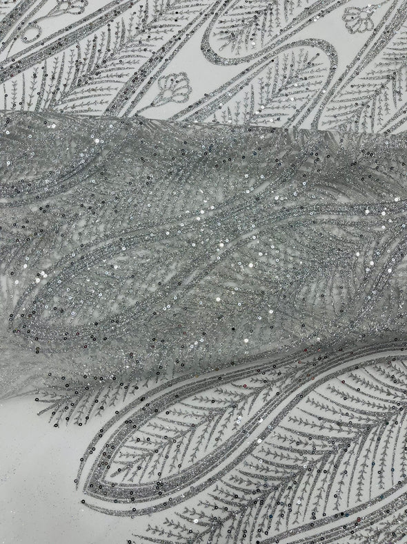 Silver Glitter Feather Damask Design On A Mesh Lace Fabric/Prom.