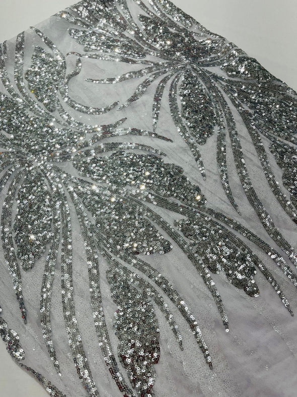 Silver Feather damask shiny sequin design on a 4 way stretch mesh Fabric-prom-Sold by the yard