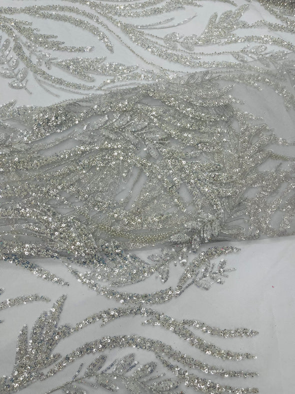Silver Luxury Festival Beaded Vine Lace Fabric, Sold by The Yard.