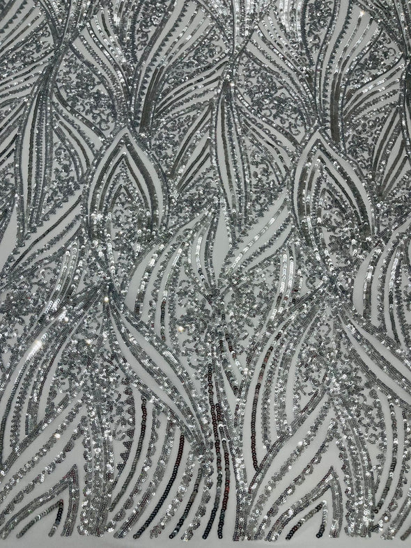 Silver Shiny Geometric Feather wing shiny sequin design on a 4 way stretch mesh Fabric-prom-sold by the yard.