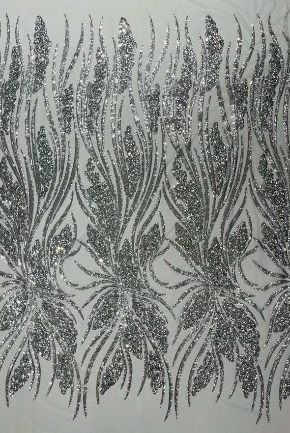 Silver Feather damask shiny sequin design on a 4 way stretch mesh Fabric-prom-Sold by the yard