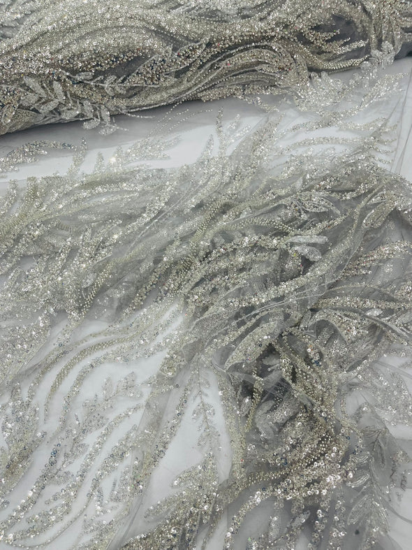 Silver Luxury Festival Beaded Vine Lace Fabric, Sold by The Yard.