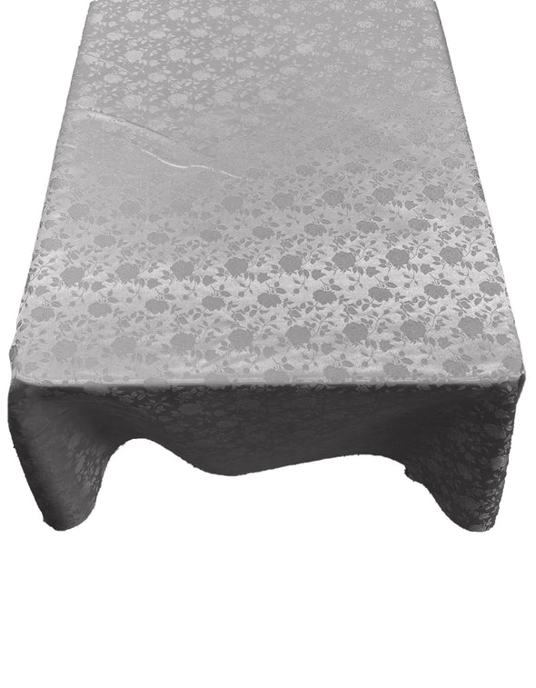 Silver Roses Jacquard Satin Rectangular Tablecloth Seamless/Party Supply.