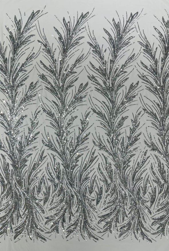 Feather damask shiny sequin design on a 4 way stretch mesh Fabric-prom-Sold by the yard