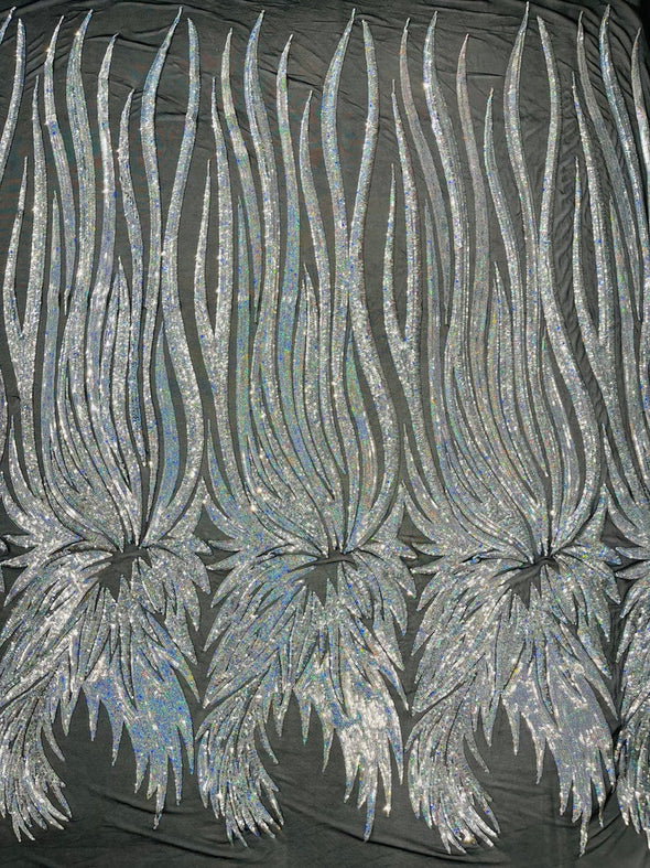 Silver Iridescent Sequin Wings design on a Black 4 way stretch mesh fabric- prom-nightgown-By the yard