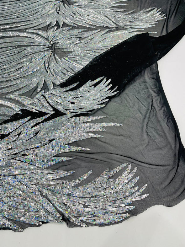 Silver Iridescent Sequin Wings design on a Black 4 way stretch mesh fabric- prom-nightgown-By the yard