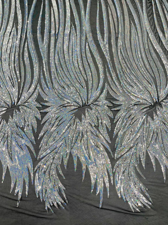 Silver Iridescent Sequin Wings design on a Black 4 way stretch mesh fabric- prom-nightgown-By the yard