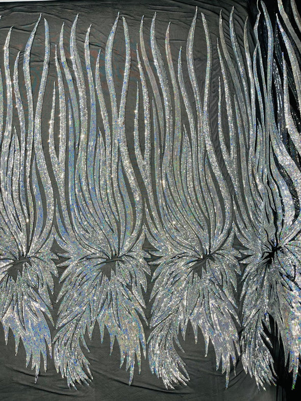 Silver Iridescent Sequin Wings design on a Black 4 way stretch mesh fabric- prom-nightgown-By the yard