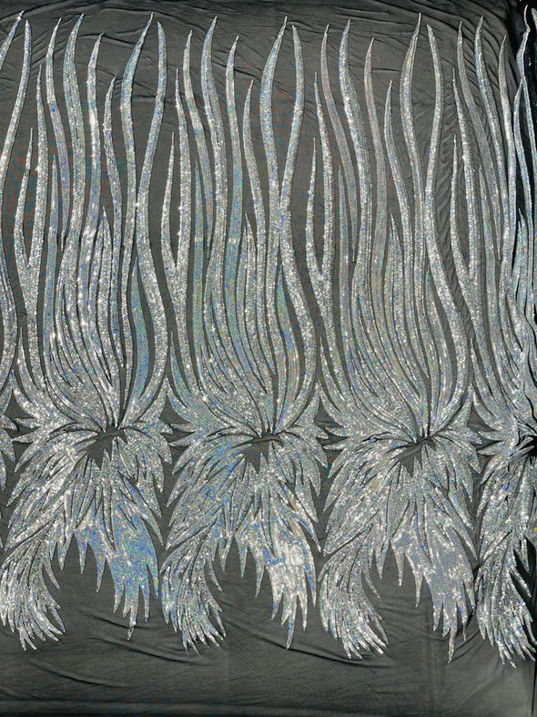 Silver Iridescent Sequin Wings design on a Black 4 way stretch mesh fabric- prom-nightgown-By the yard