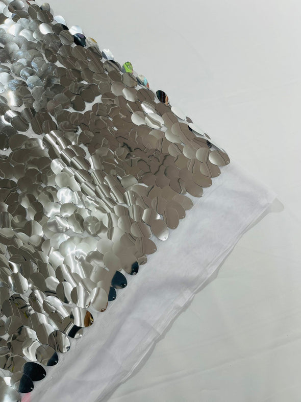 Silver Jumbo Sequins Oval Sequin Paillette/Tear Drop Mermaid Big Sequins Fabric On White Mesh/ 54 Inches Wide