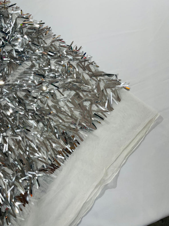 Silver Sword Sequins Fabric/Big Sequins Fabric On White Mesh/54 Inches Wide.