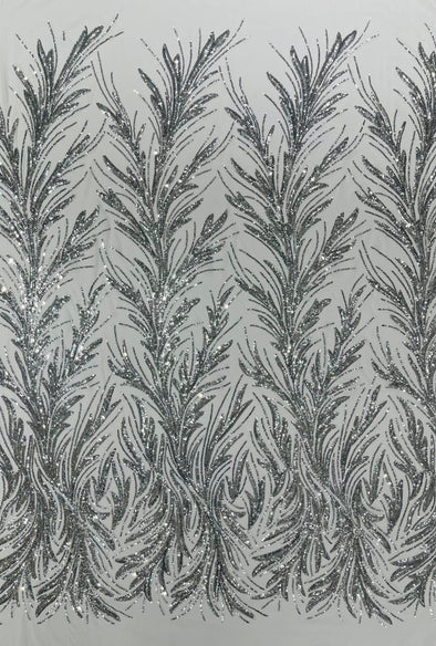 Silver On White Feather damask shiny sequin design on a 4 way stretch mesh Fabric-prom-Sold by the yard