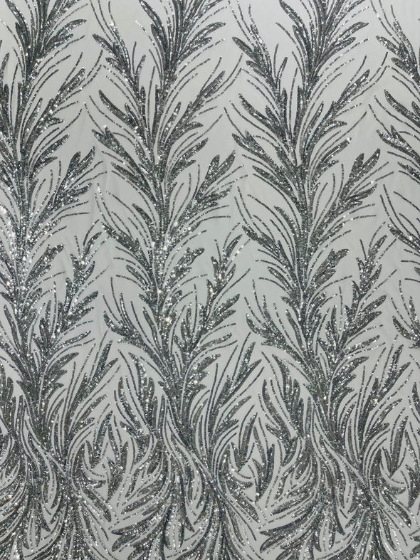 Silver On White Feather damask shiny sequin design on a 4 way stretch mesh Fabric-prom-Sold by the yard