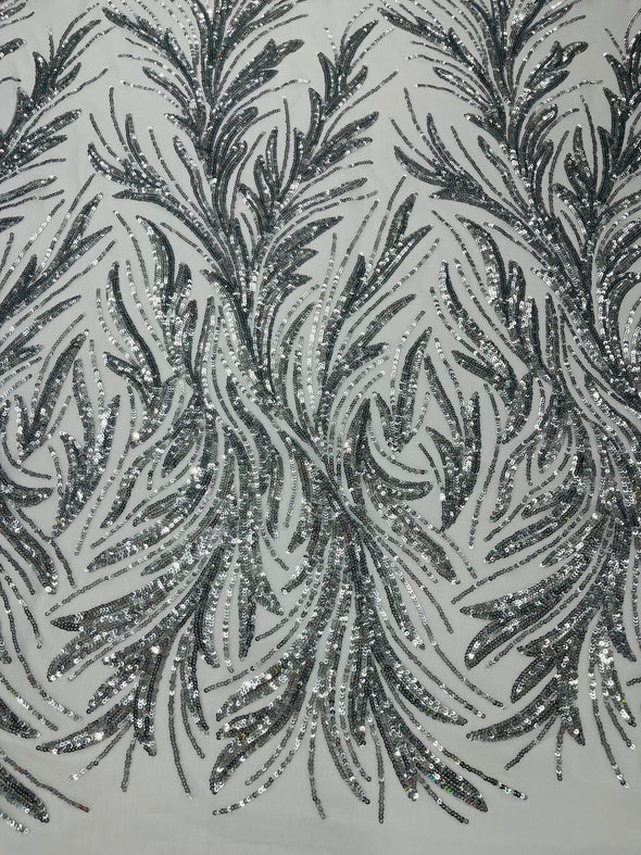 Silver On White Feather damask shiny sequin design on a 4 way stretch mesh Fabric-prom-Sold by the yard