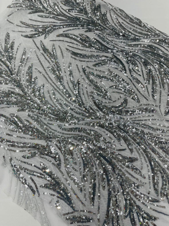 Silver On White Feather damask shiny sequin design on a 4 way stretch mesh Fabric-prom-Sold by the yard