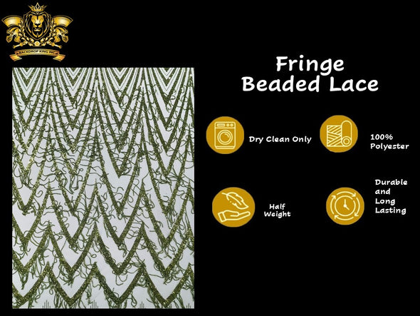 Olive Green Geometric Fringe Beaded Design With Sequins On A Mesh Fabric/Prom.