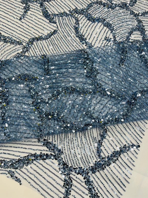 Steel Blue Leaf Embroider and Heavy Beaded on a Mesh Lace Fabric-Wedding-Prom-Sold by the yard