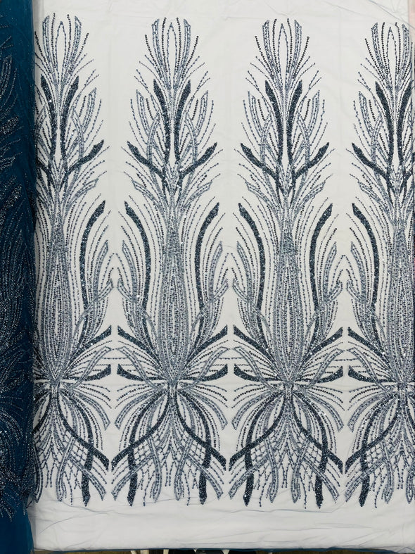 Palm Beaded Damask Design Fabric, Sold by The Yard.