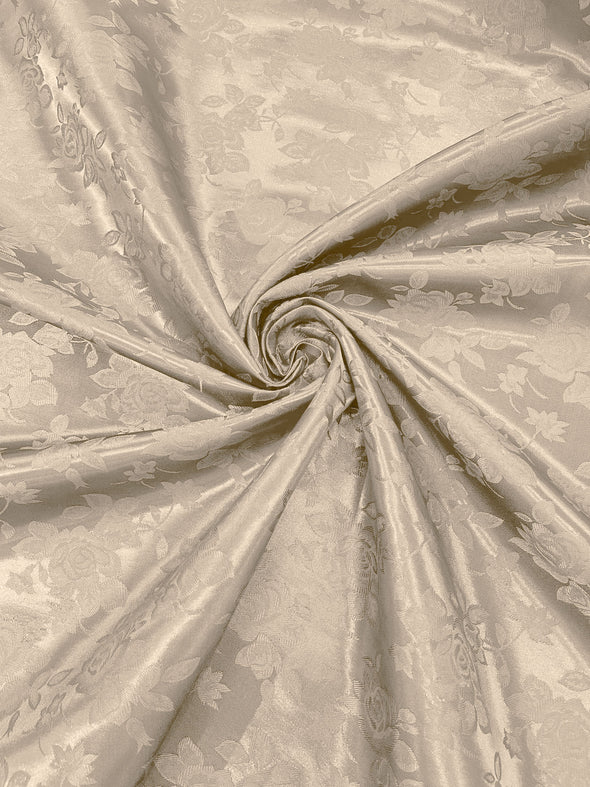 Taupe Polyester Big Roses/Floral Brocade Jacquard Satin Fabric/ Cosplay Costumes, Table Linen- Sold By The Yard
