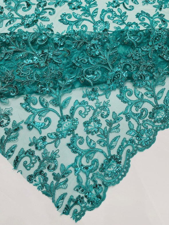 Teal Corded floral French Embroider With Sequins On a Mesh Lace Fabric-Prom-Sold By The Yard