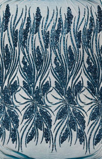 Teal Blue Feather damask shiny sequin design on a 4 way stretch mesh Fabric-prom-Sold by the yard