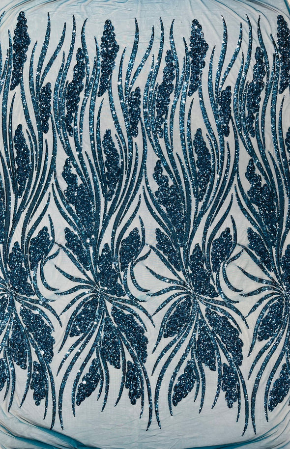 Teal Blue Feather damask shiny sequin design on a 4 way stretch mesh Fabric-prom-Sold by the yard