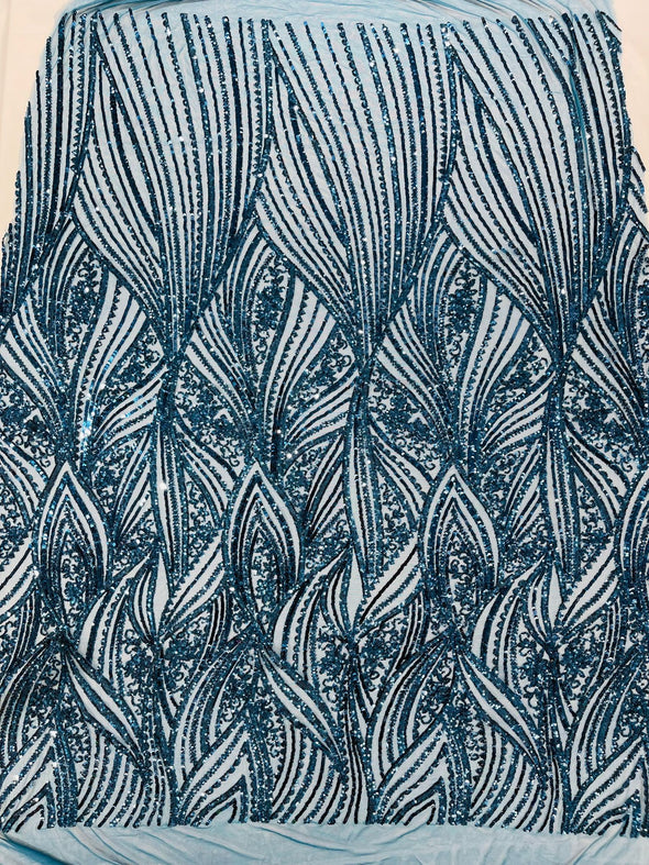 Teal Blue Shiny Geometric Feather wing shiny sequin design on a 4 way stretch mesh Fabric-prom-sold by the yard.