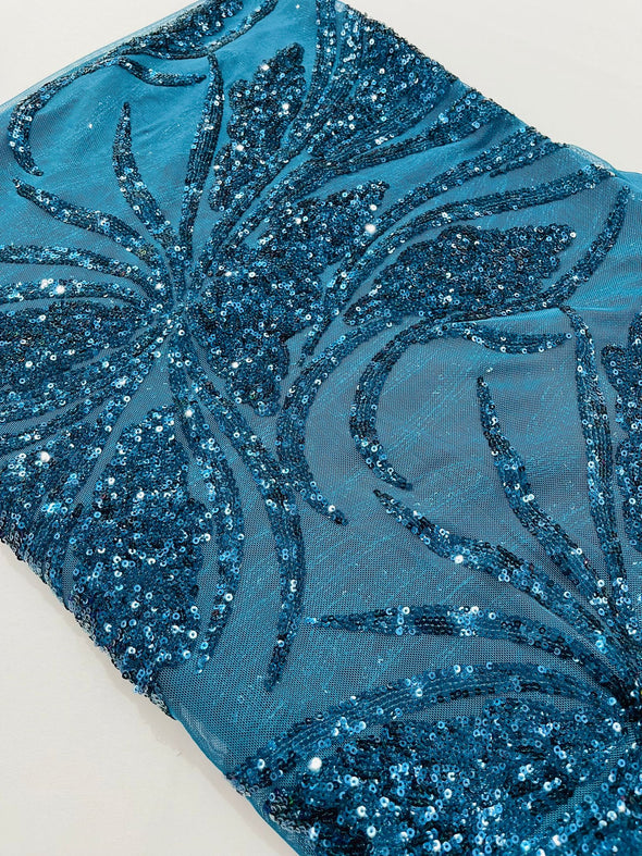 Teal Blue Feather damask shiny sequin design on a 4 way stretch mesh Fabric-prom-Sold by the yard