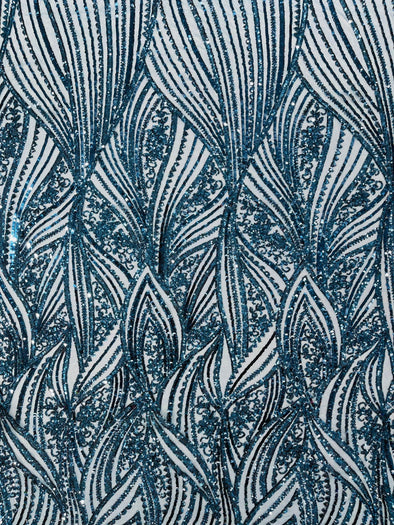 Teal Blue Shiny Geometric Feather wing shiny sequin design on a 4 way stretch mesh Fabric-prom-sold by the yard.