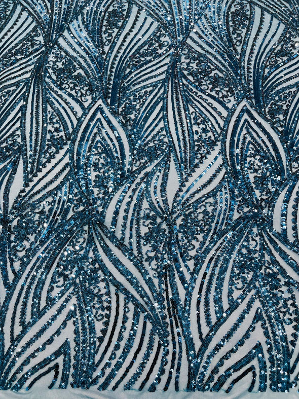 Teal Blue Shiny Geometric Feather wing shiny sequin design on a 4 way stretch mesh Fabric-prom-sold by the yard.