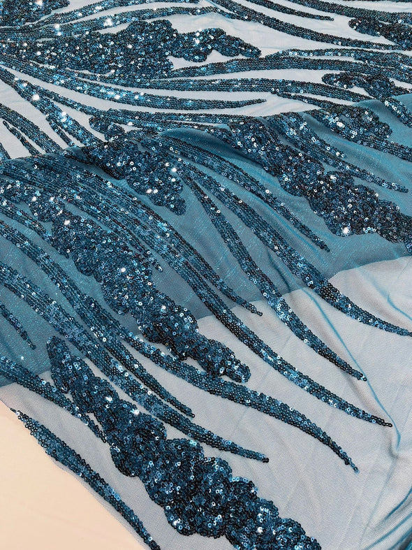 Teal Blue Feather damask shiny sequin design on a 4 way stretch mesh Fabric-prom-Sold by the yard