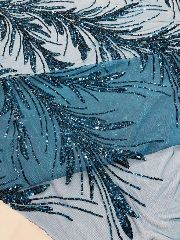 Teal Blue Feather damask shiny sequin design on a 4 way stretch mesh Fabric-prom-Sold by the yard