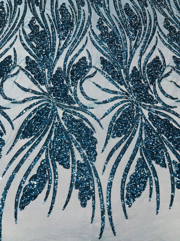 Teal Blue Feather damask shiny sequin design on a 4 way stretch mesh Fabric-prom-Sold by the yard