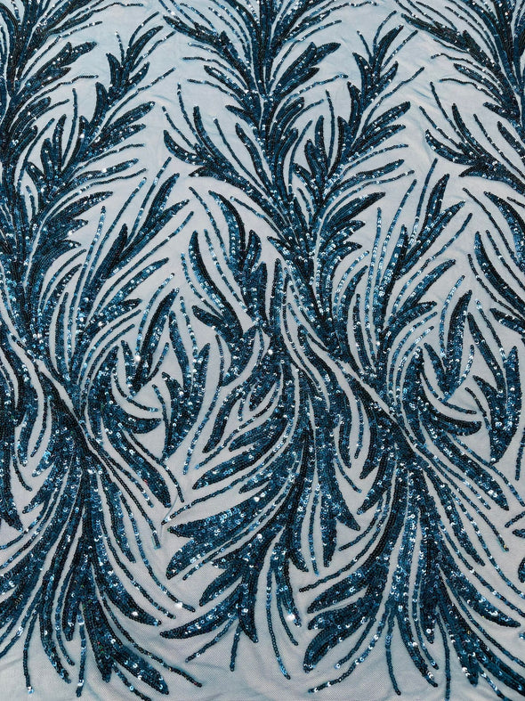 Teal Blue Feather damask shiny sequin design on a 4 way stretch mesh Fabric-prom-Sold by the yard