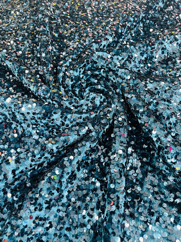 Teal Blue 54" Stretch Velvet with Luxury Sequins All Over 5mm Shining Sequins 2-Way Stretch. Sold by the yard.