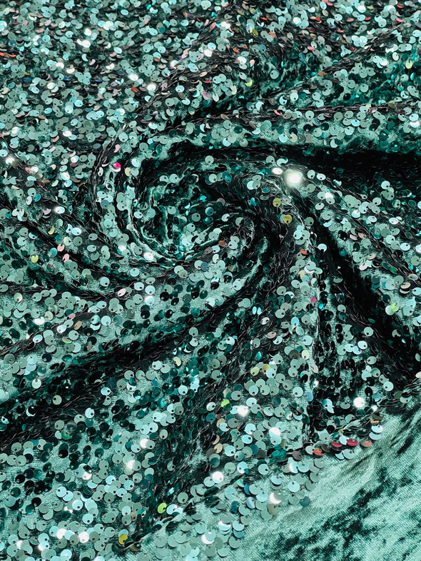 Teal Green 54" Stretch Velvet with Luxury Sequins All Over 5mm Shining Sequins 2-Way Stretch. Sold by the yard. (Copy)