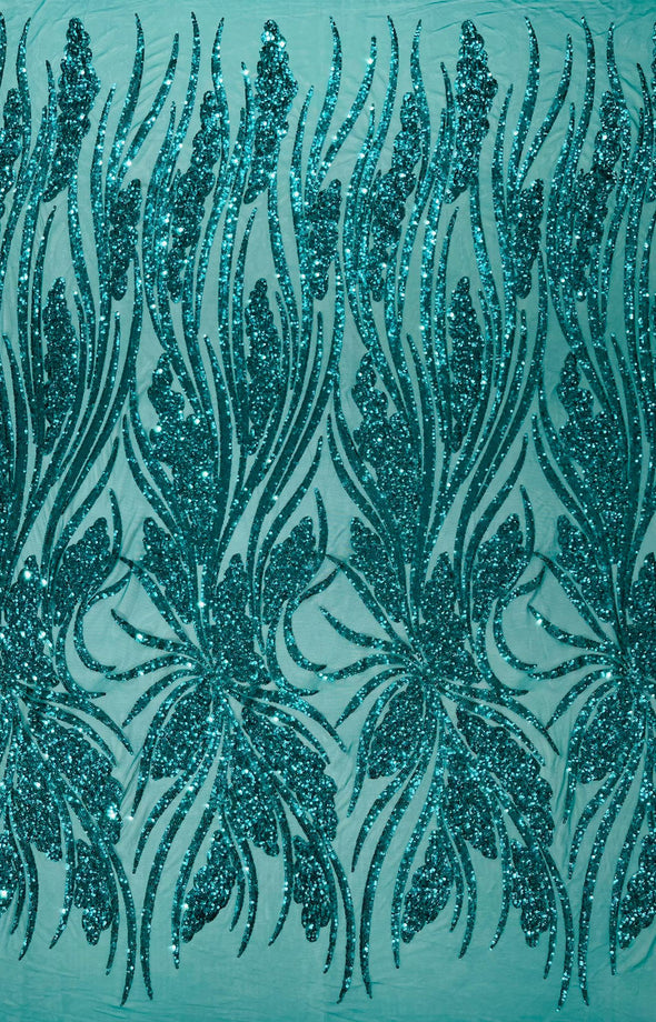 Teal Green Feather damask shiny sequin design on a 4 way stretch mesh Fabric-prom-Sold by the yard