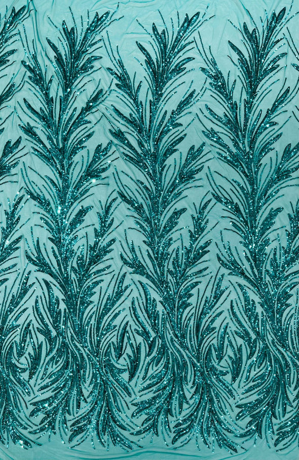 Teal Green Feather damask shiny sequin design on a 4 way stretch mesh Fabric-prom-Sold by the yard