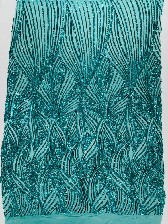 Shiny geometric Feather wing shiny sequin design on a 4 way stretch mesh Fabric-prom-sold by the yard.