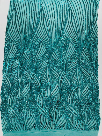 Teal Green Shiny Geometric Feather wing shiny sequin design on a 4 way stretch mesh Fabric-prom-sold by the yard.