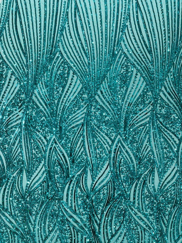 Teal Green Shiny Geometric Feather wing shiny sequin design on a 4 way stretch mesh Fabric-prom-sold by the yard.