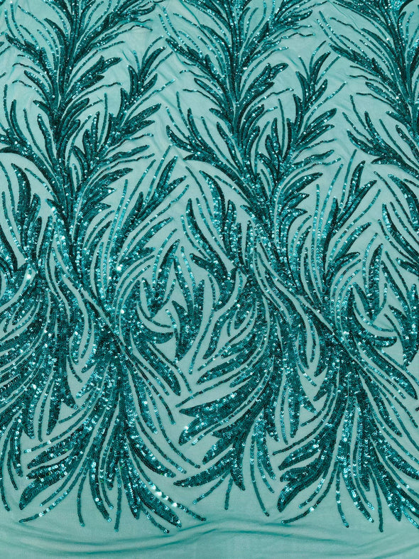 Teal Green Feather damask shiny sequin design on a 4 way stretch mesh Fabric-prom-Sold by the yard