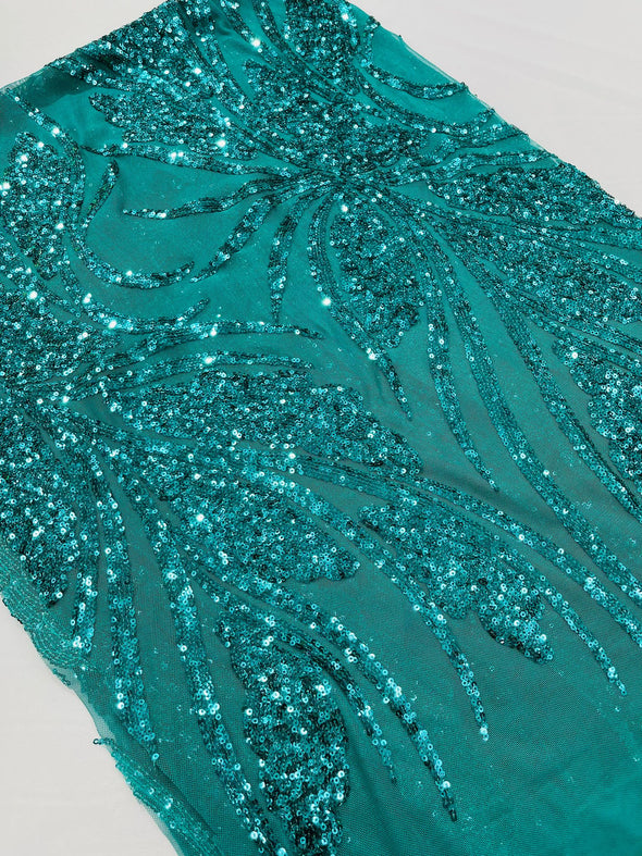 Teal Green Feather damask shiny sequin design on a 4 way stretch mesh Fabric-prom-Sold by the yard