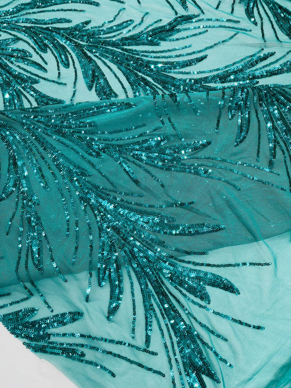 Teal Green Feather damask shiny sequin design on a 4 way stretch mesh Fabric-prom-Sold by the yard